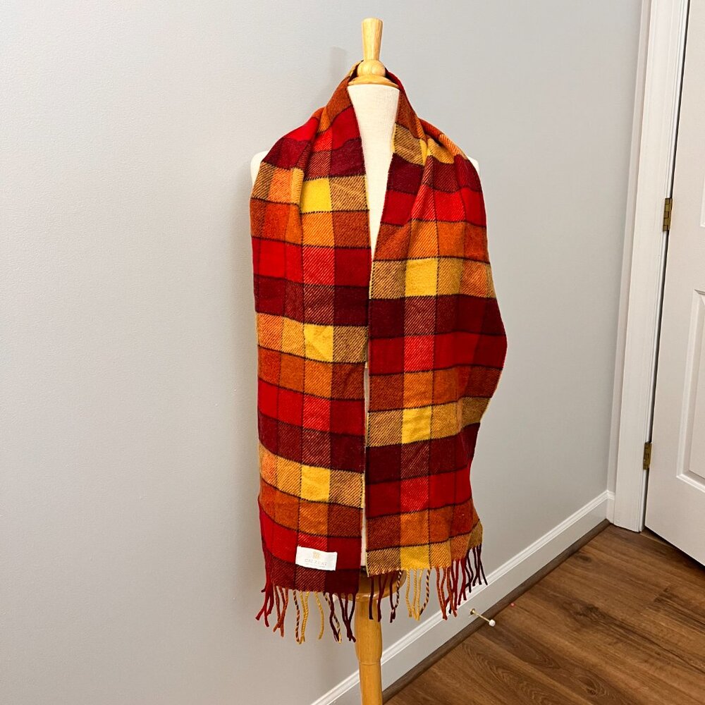 Calzeat of Scotland Border Lambswool Scarf Red Yellow Color Block Plaid - Picture 7 of 8